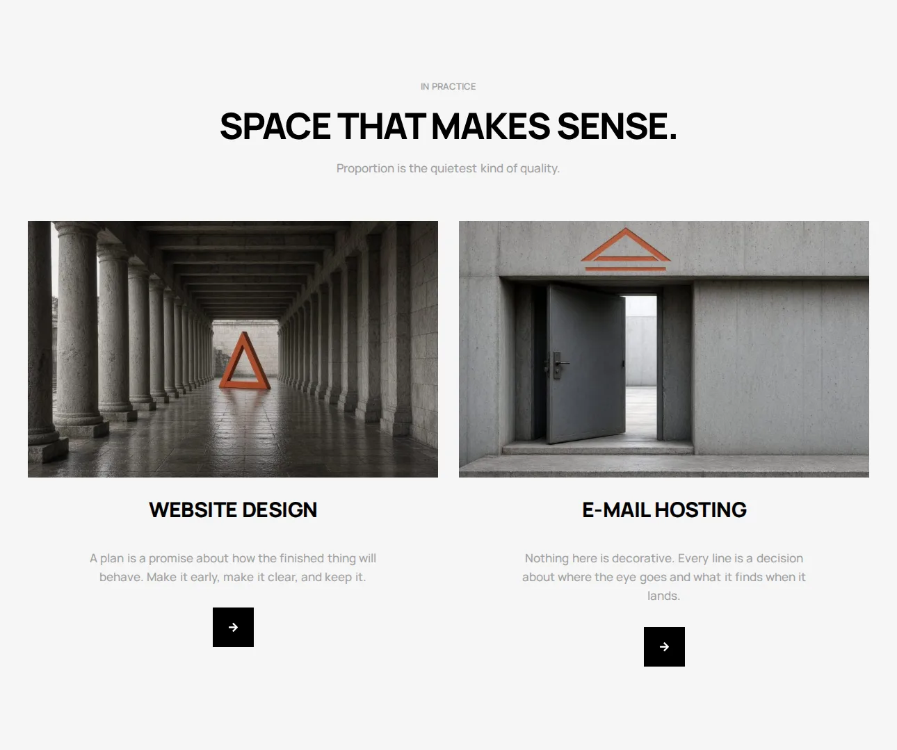 Musharrat hero section: a centred headline ‘Space that makes sense’ above two image panels captioned Website design and E-mail hosting, each with a short paragraph and an arrow button